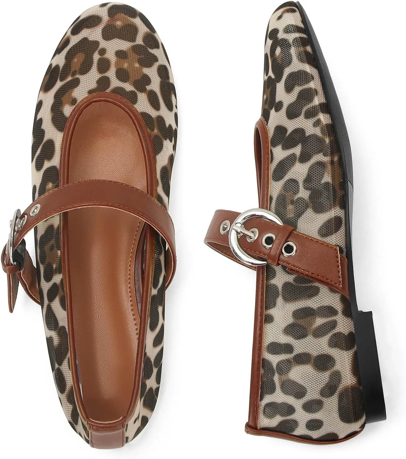 MICIFA Leopard Mesh Ballet Flats for Women Round Toe Mary Jane Buckle Flats Fall Comfortable Casual Dress Shoes