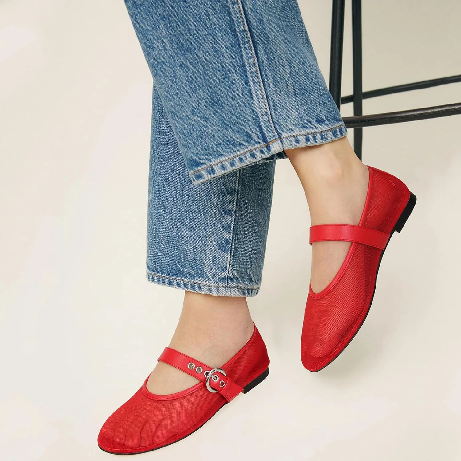 MICIFA Leopard Mesh Ballet Flats for Women Round Toe Mary Jane Buckle Flats Fall Comfortable Casual Dress Shoes