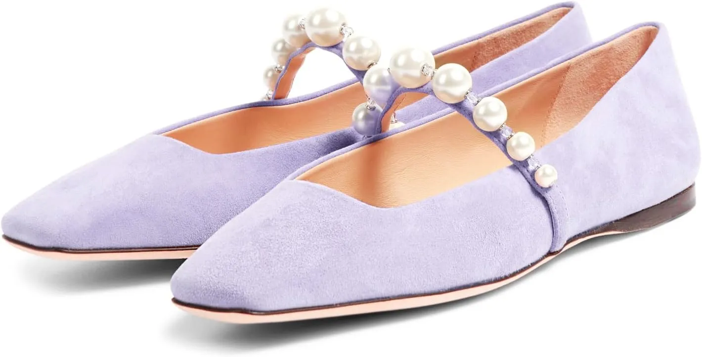 MIRAAZZURRA Mary Jane Flats for Women Ballet Flats Square Toe Pearl Strap Retro Dress Shoes