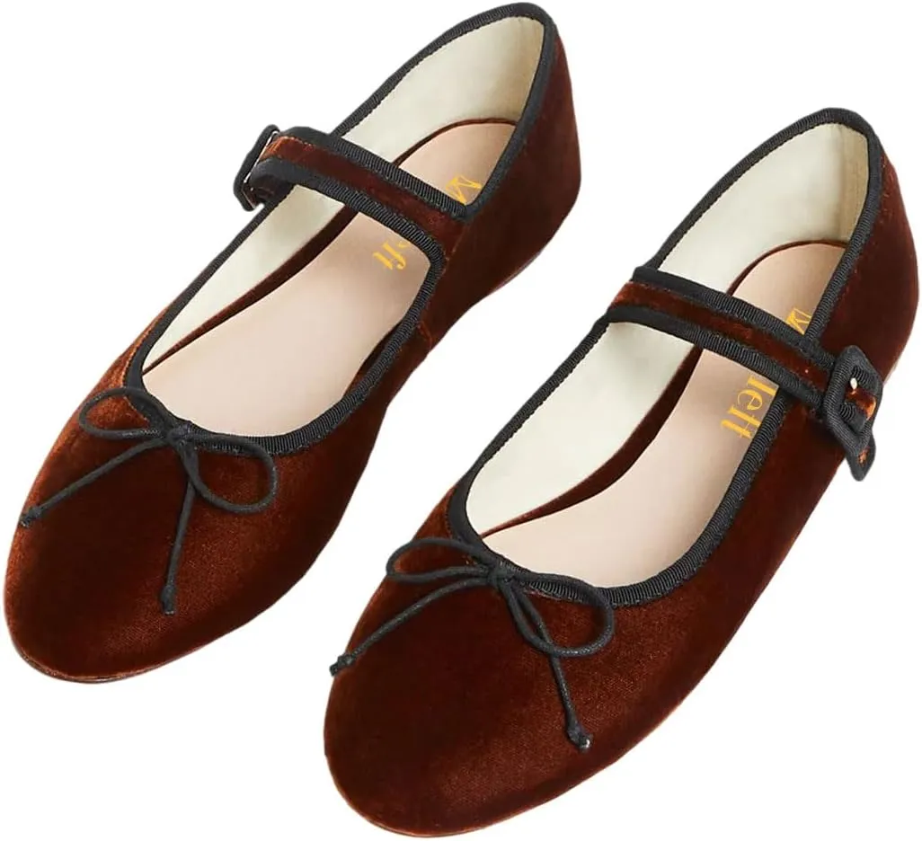 miss left Women Bowknot Ankle Strap Mary Jane Classic Closed Round Toe Ballet Flats Slip On Cozy Casual Dance Shoes Size 4-16 US