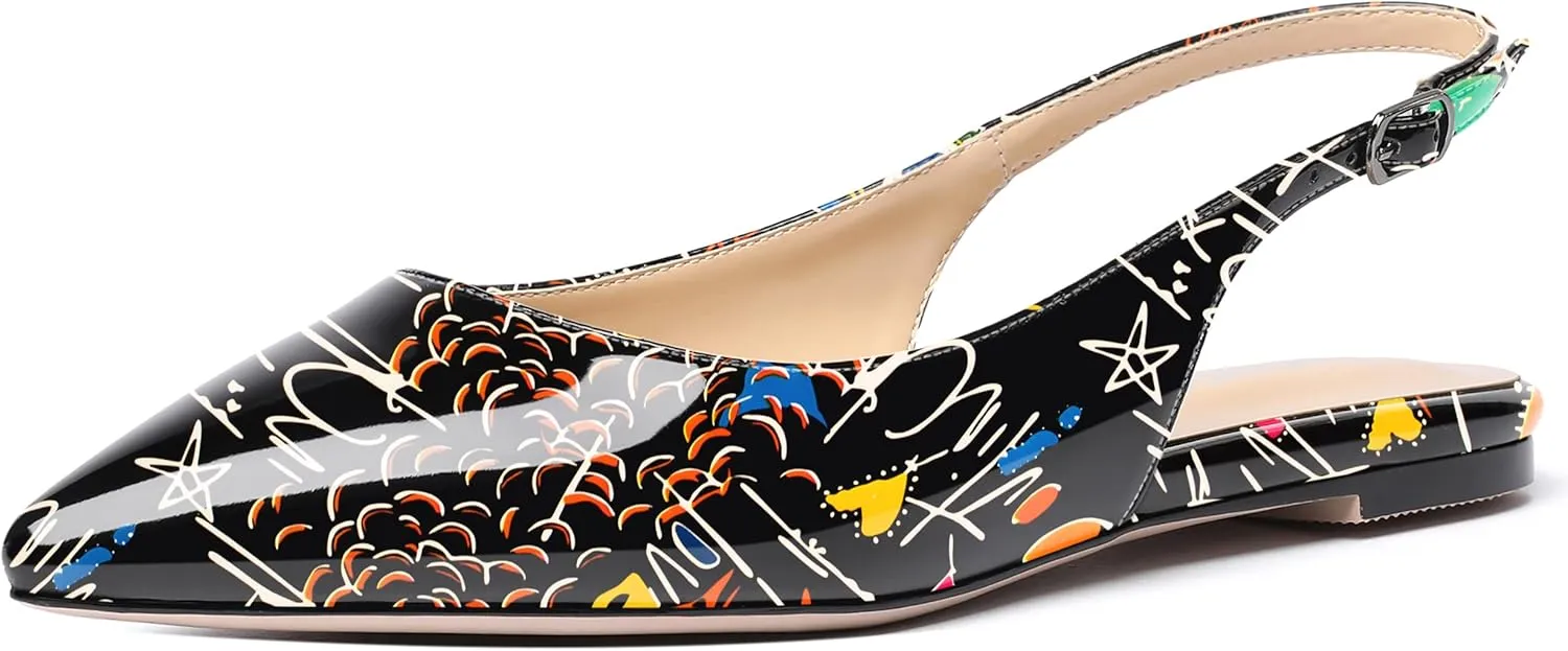 MODENCOCO Women's Pointed Toe Patent Slingback Dating Casual Flats Sandals