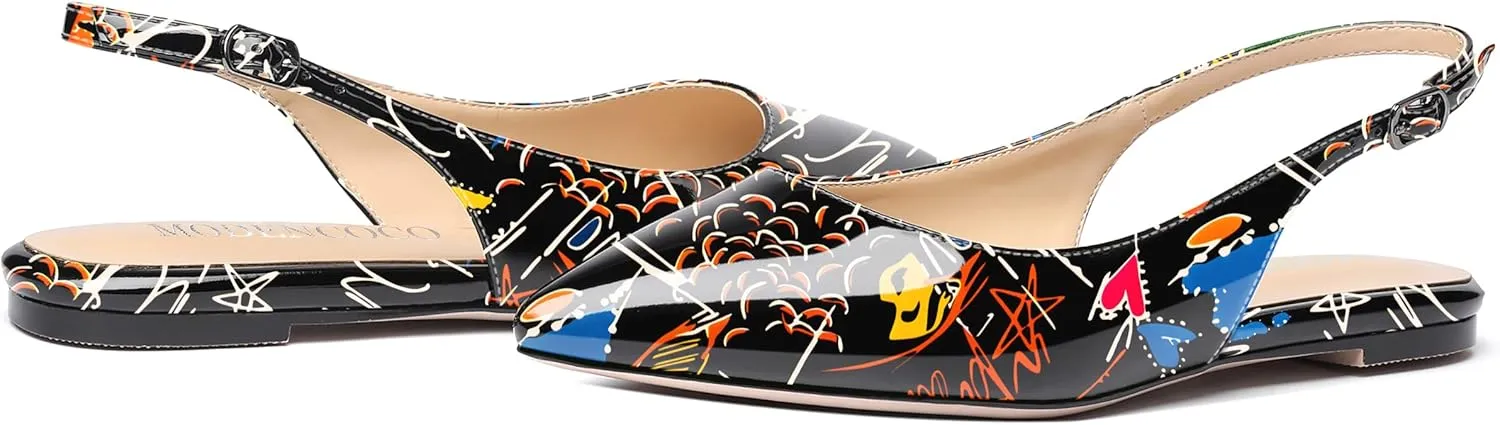 MODENCOCO Women's Pointed Toe Patent Slingback Dating Casual Flats Sandals