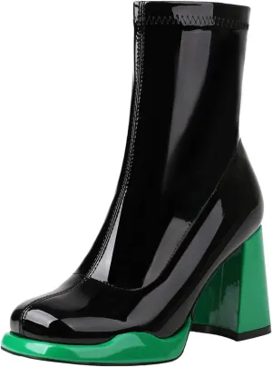 Mofirdast Gogo Boots Platform Chunky Heel Ankle Boots for Women, Square Toe Mid Calf Boots with Side Zippers for Party, Cosplay, or Dance