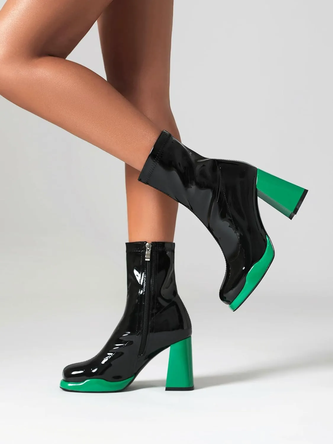 Mofirdast Gogo Boots Platform Chunky Heel Ankle Boots for Women, Square Toe Mid Calf Boots with Side Zippers for Party, Cosplay, or Dance
