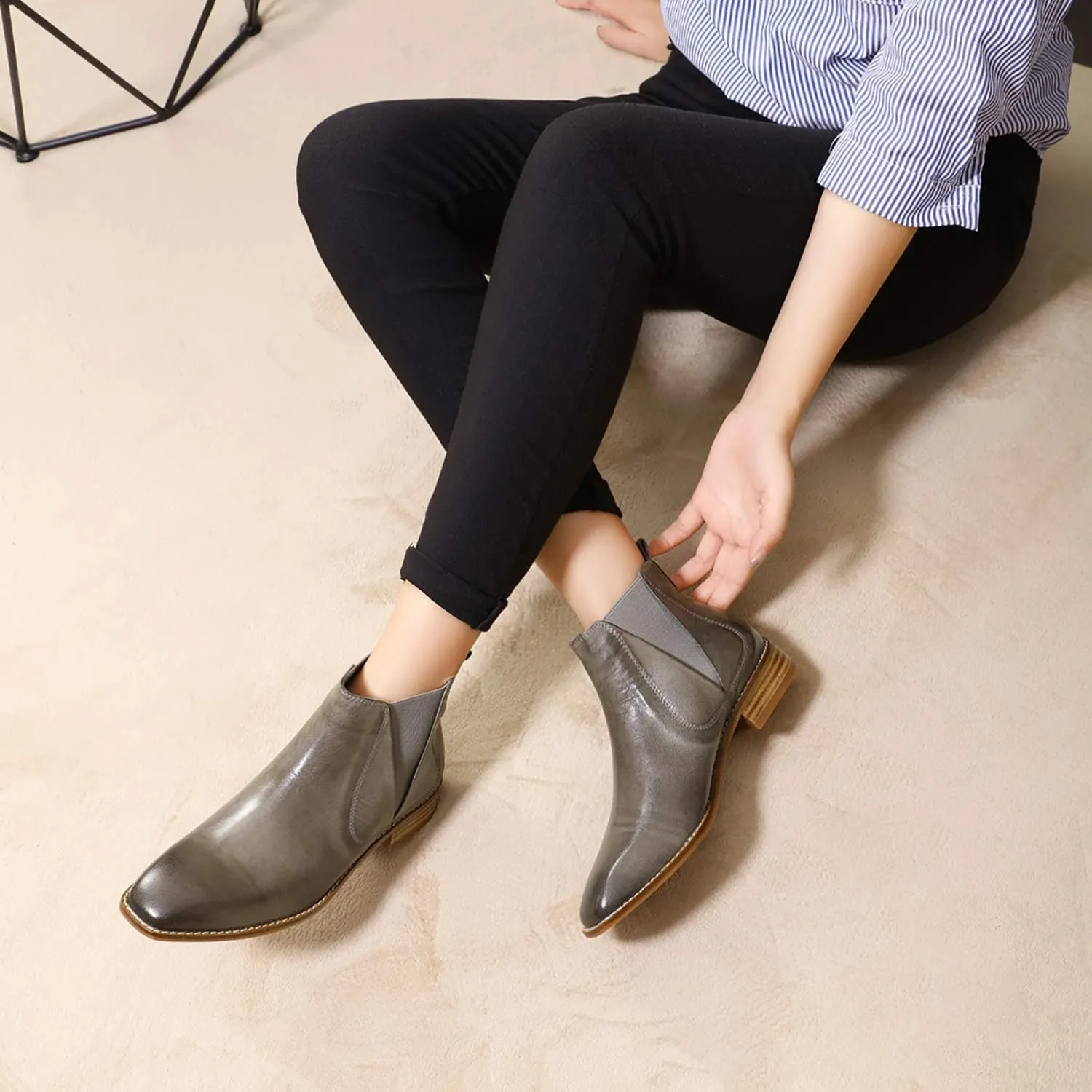 Mona flying Womens Classic Leather Chelsea Boot Low Heel Pull on Ankle Booties Square Toe