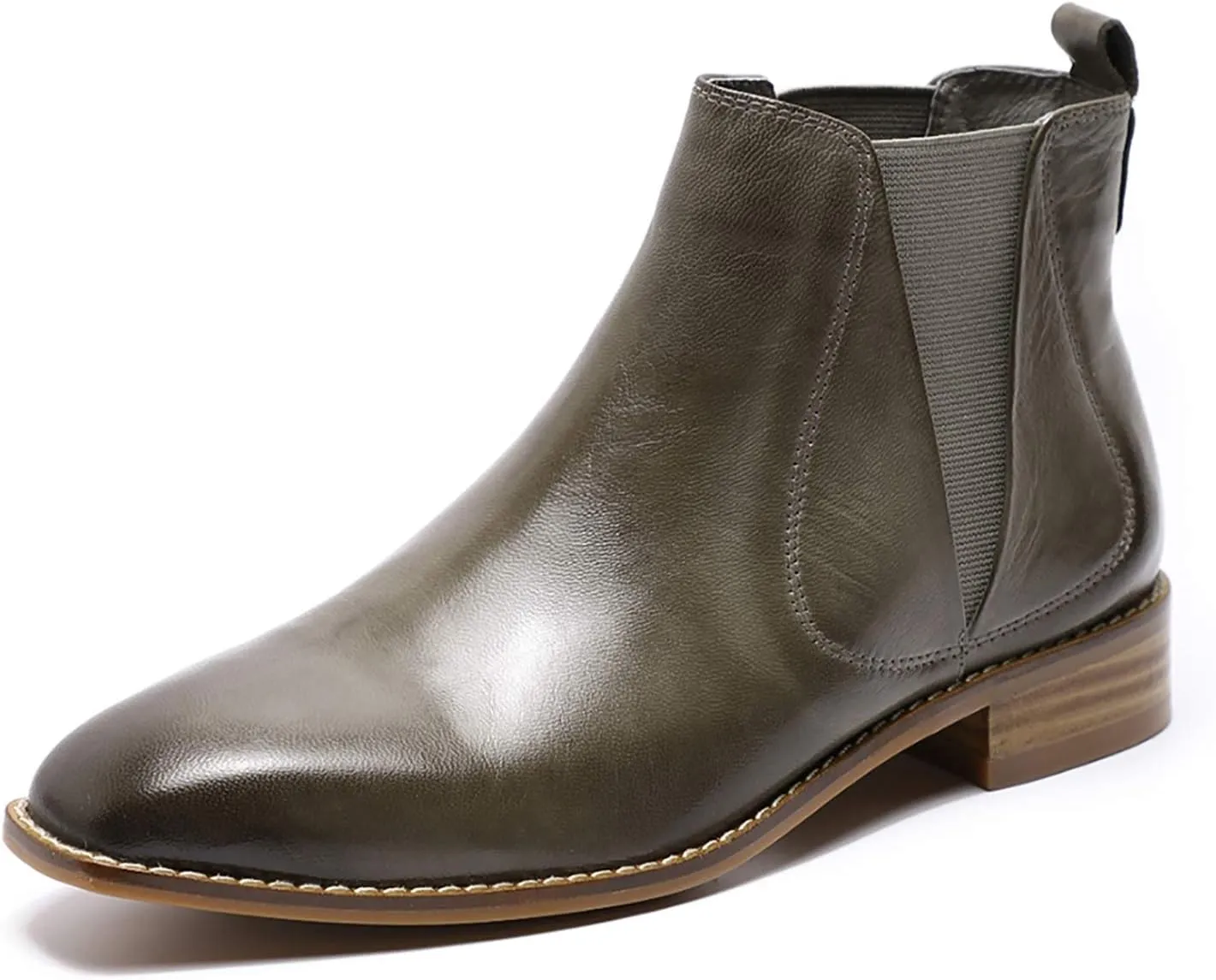 Mona flying Womens Classic Leather Chelsea Boot Low Heel Pull on Ankle Booties Square Toe