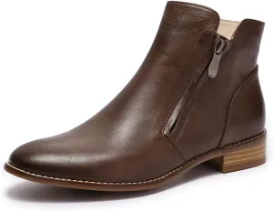 Mona flying Womens Leather Booties Ankle Boots Side Zippers Low Heel Dress Short Boots for Ladies