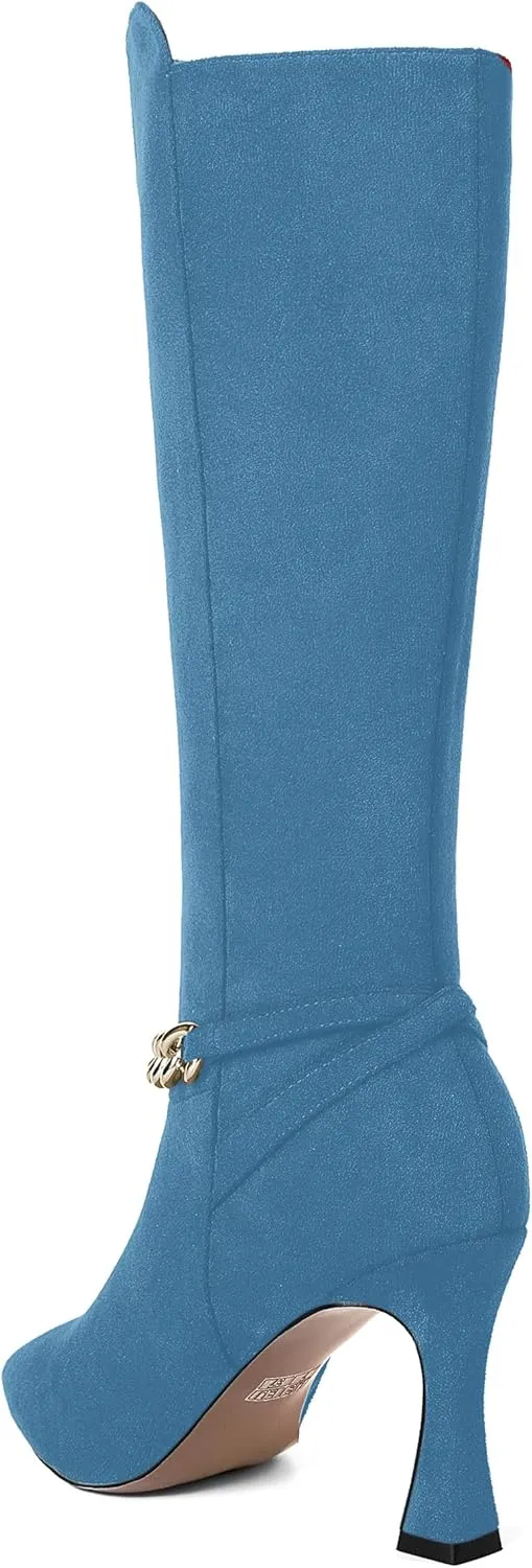 MOVINSTEPS Womens Pointed Toe Sexy Solid Metal Suede Zip Night Club Spool High Heel Knee High Boots 3.3 Inch