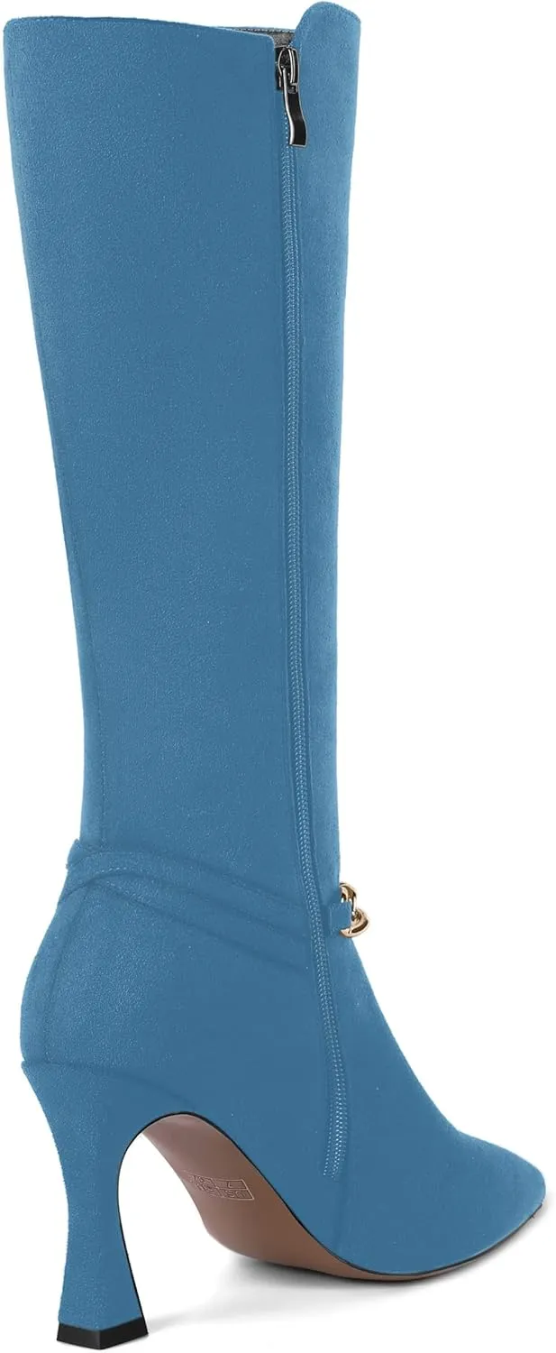 MOVINSTEPS Womens Pointed Toe Sexy Solid Metal Suede Zip Night Club Spool High Heel Knee High Boots 3.3 Inch