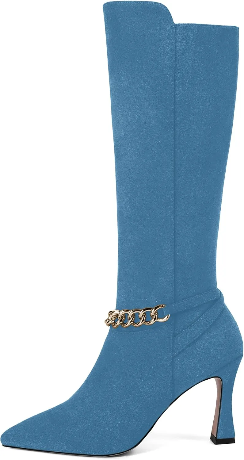 MOVINSTEPS Womens Pointed Toe Sexy Solid Metal Suede Zip Night Club Spool High Heel Knee High Boots 3.3 Inch