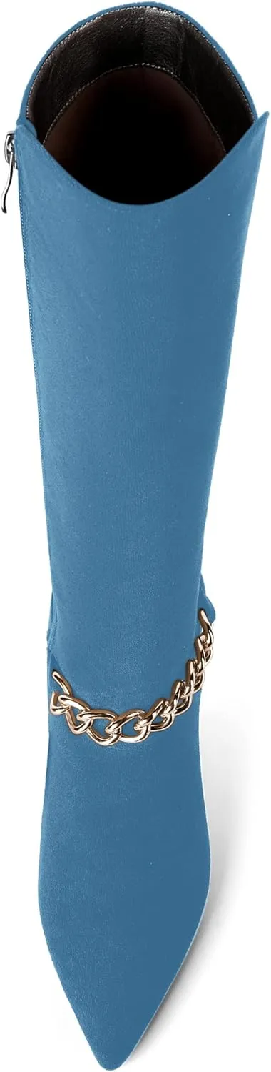 MOVINSTEPS Womens Pointed Toe Sexy Solid Metal Suede Zip Night Club Spool High Heel Knee High Boots 3.3 Inch
