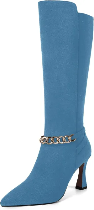 MOVINSTEPS Womens Pointed Toe Sexy Solid Metal Suede Zip Night Club Spool High Heel Knee High Boots 3.3 Inch