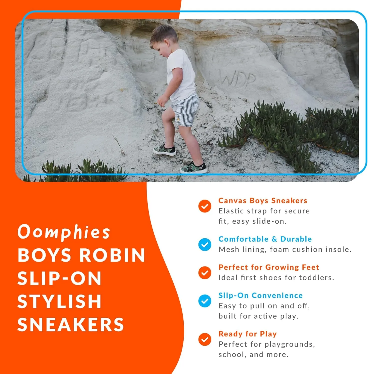 Oomphies Robin Boys Slip-On Sneakers – Canvas Upper, Elastic Strap, Cushioned Insole & Durable Rubber Sole