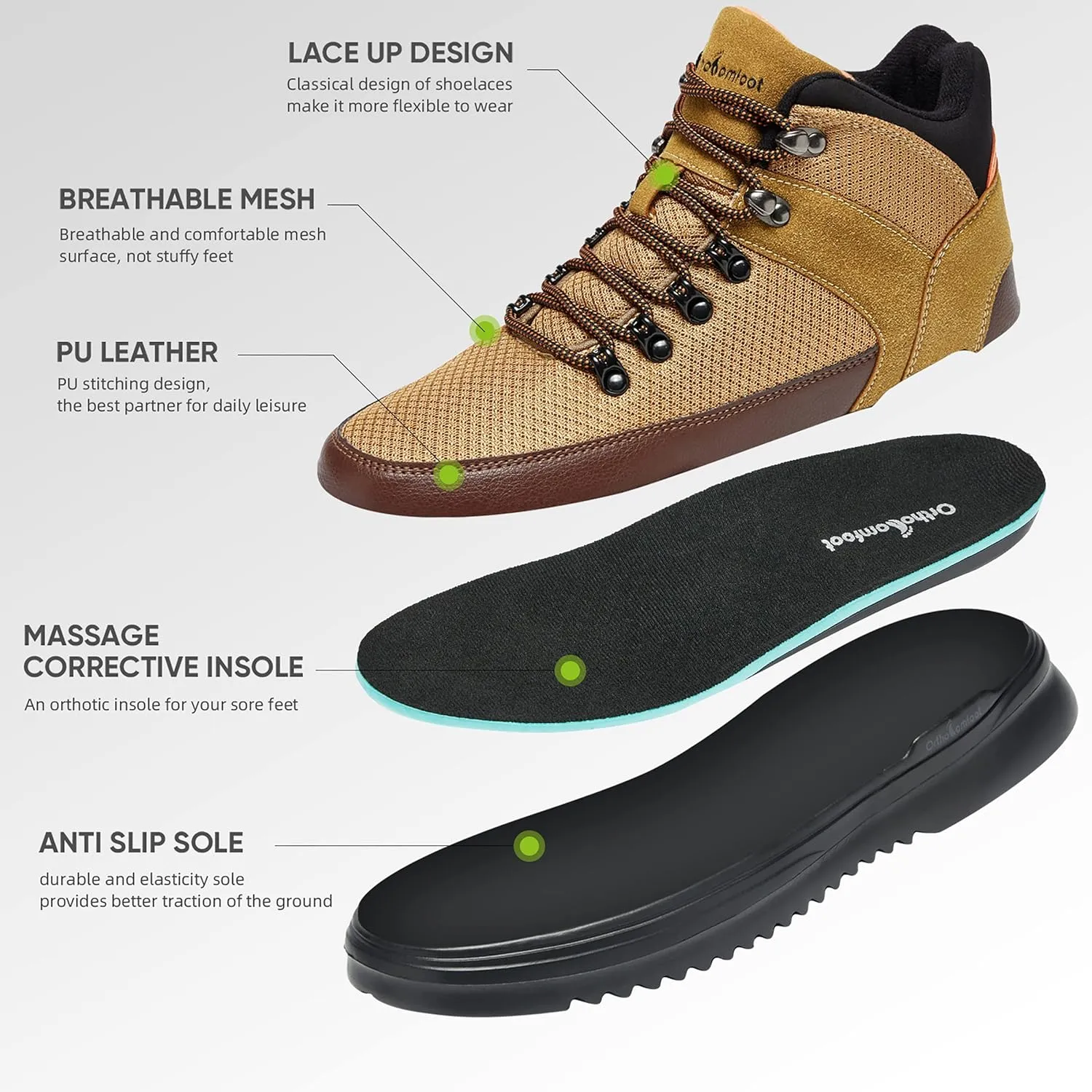 OrthoComfoot Men's Orthopedic Hiking Boots, Water Resistant Outdoor Walking Shoes for Plantar Fasciitis, Light-Weight Casual Sneakers for Ankle and Foot Pain Relief