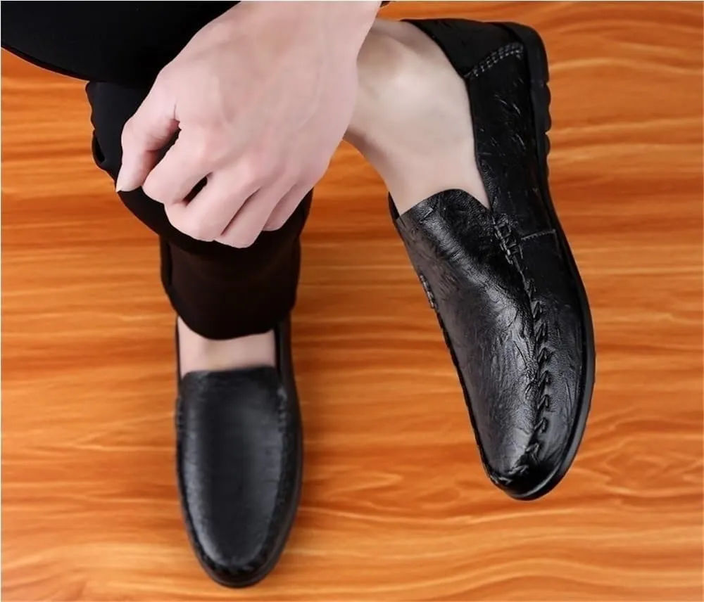 Outdoor Fashion Slip-on Loafers for Men Round Toe Solid Color Loafer Shoes Anti-Slip Flexible Flat Heel