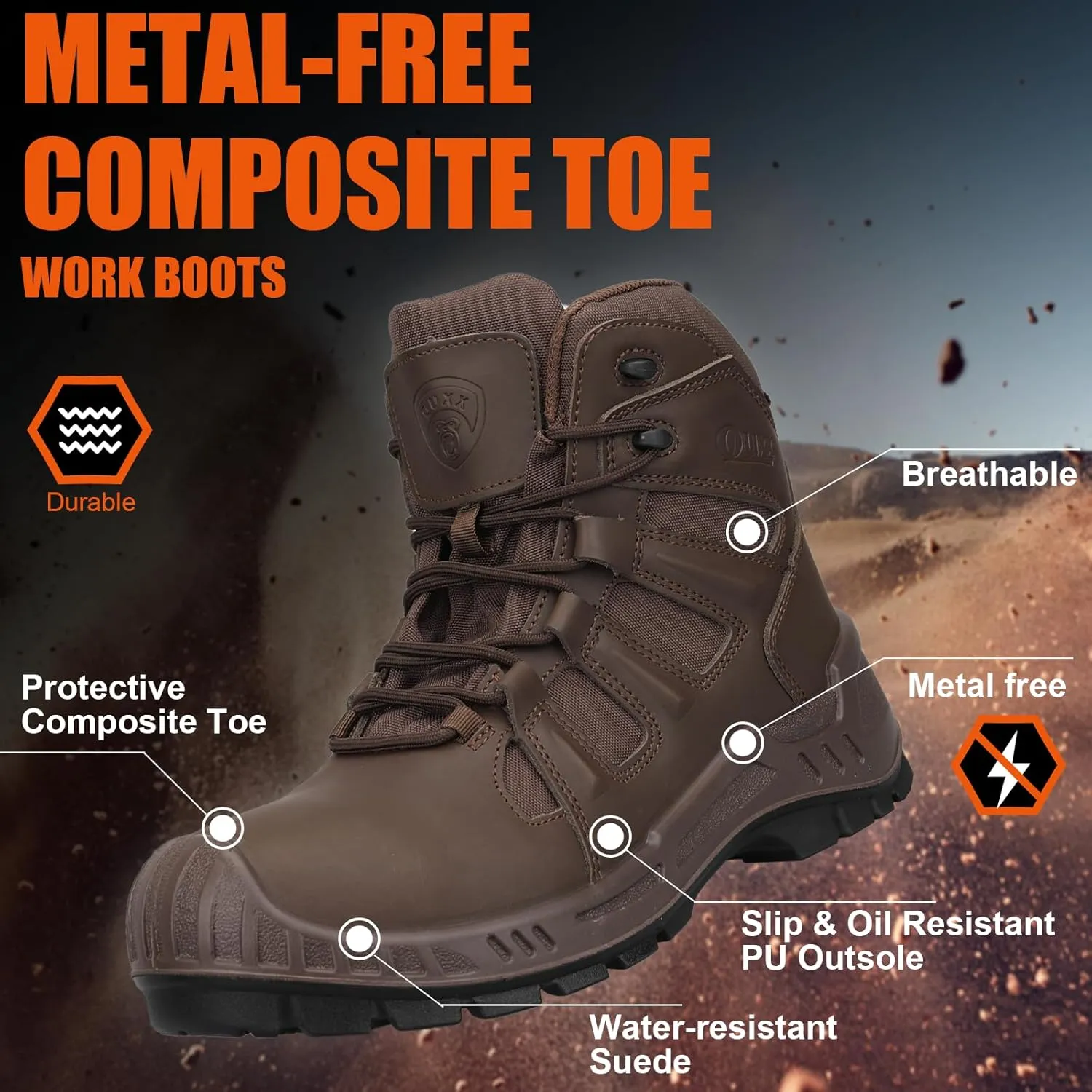 OUXX Men's Composite Toe Work Boots, ASTM F2413 Safety Shoes, Metal Free, Slip-Resistant Boot(OX4603)