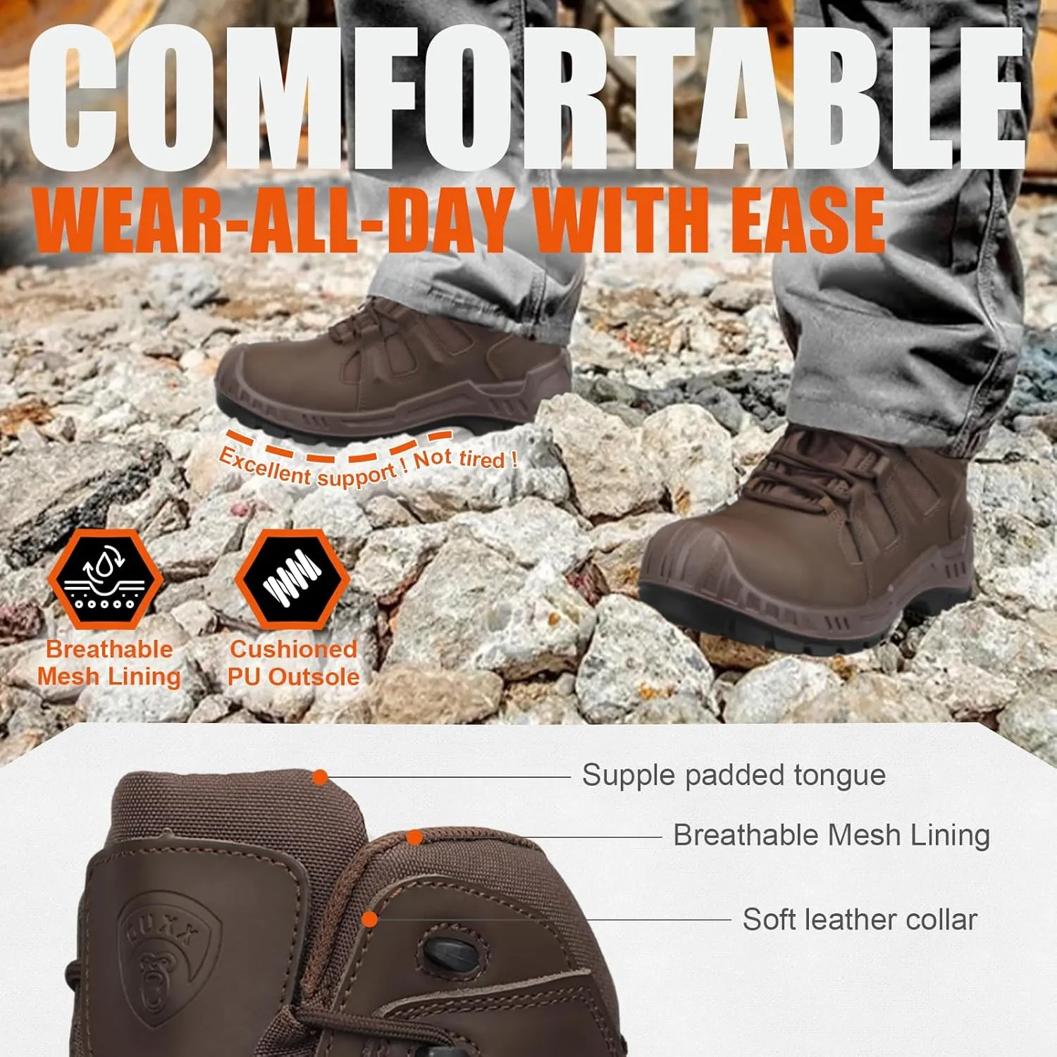 OUXX Men's Composite Toe Work Boots, ASTM F2413 Safety Shoes, Metal Free, Slip-Resistant Boot(OX4603)