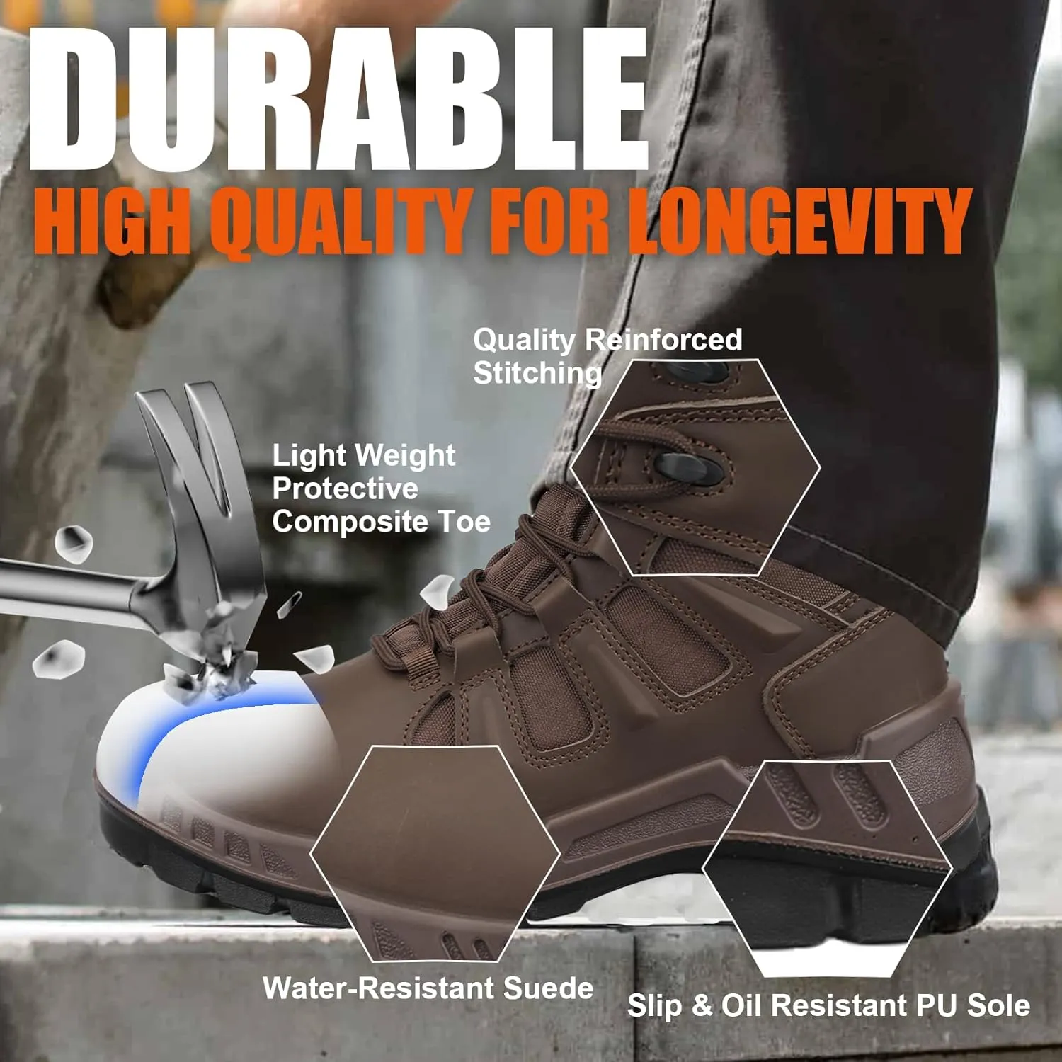 OUXX Men's Composite Toe Work Boots, ASTM F2413 Safety Shoes, Metal Free, Slip-Resistant Boot(OX4603)