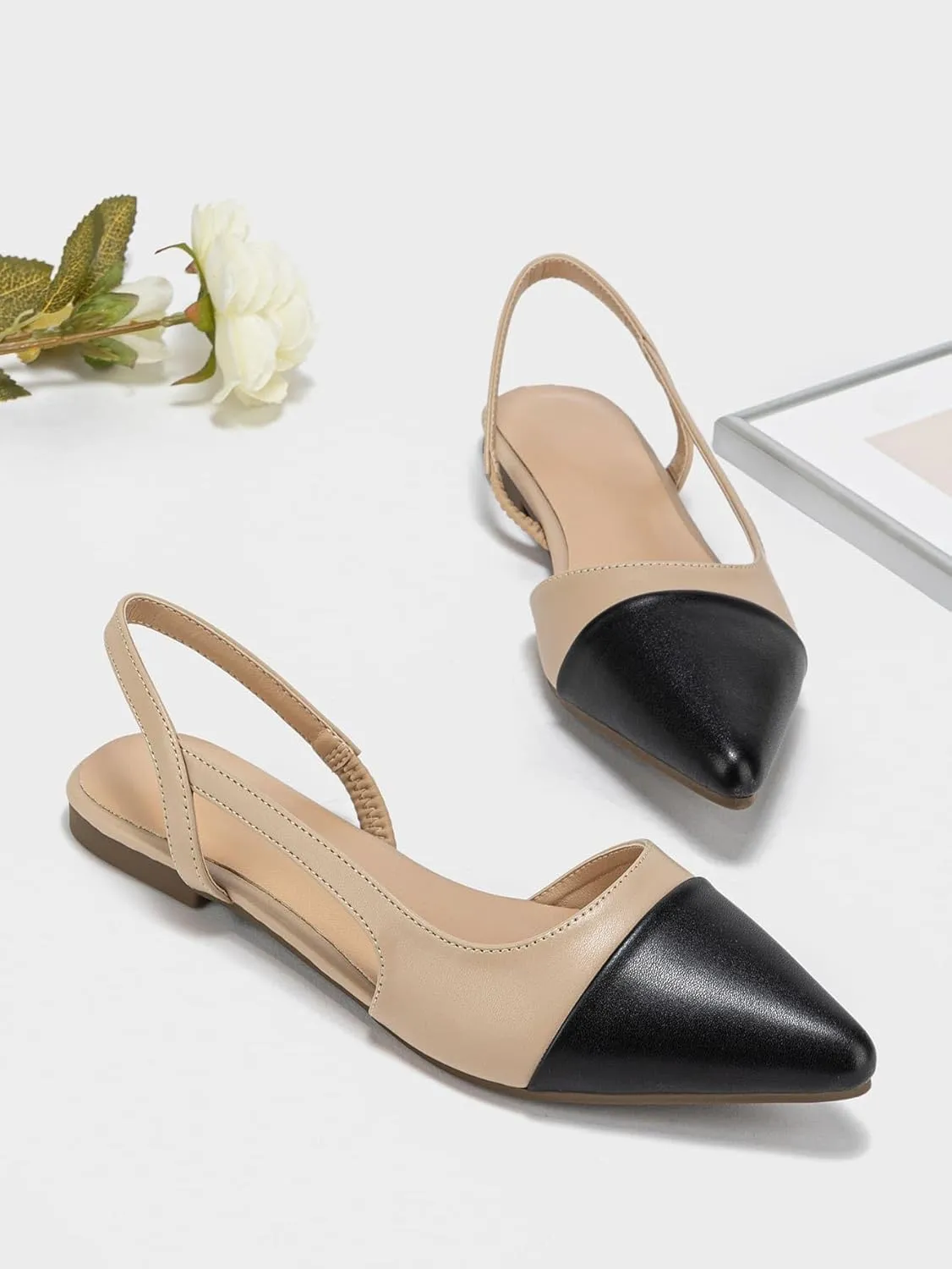 OYOANGLE Women's Two Tone Pointed Toe Slingback Flats Summer Casual Dressy Shoes