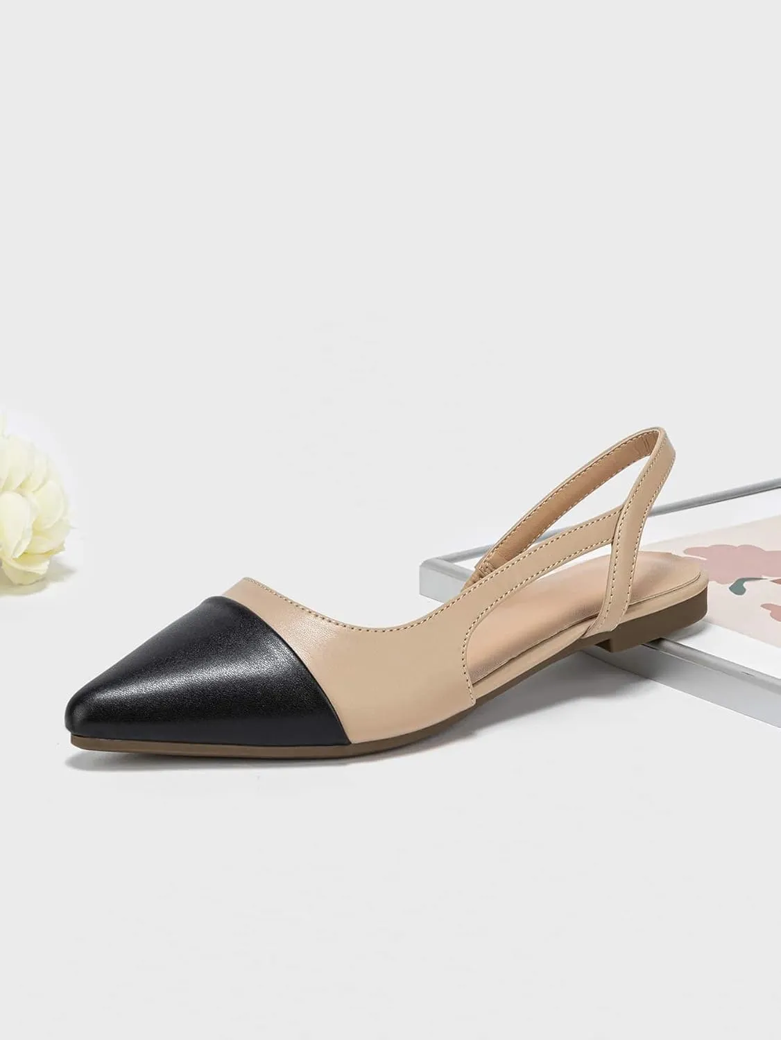 OYOANGLE Women's Two Tone Pointed Toe Slingback Flats Summer Casual Dressy Shoes