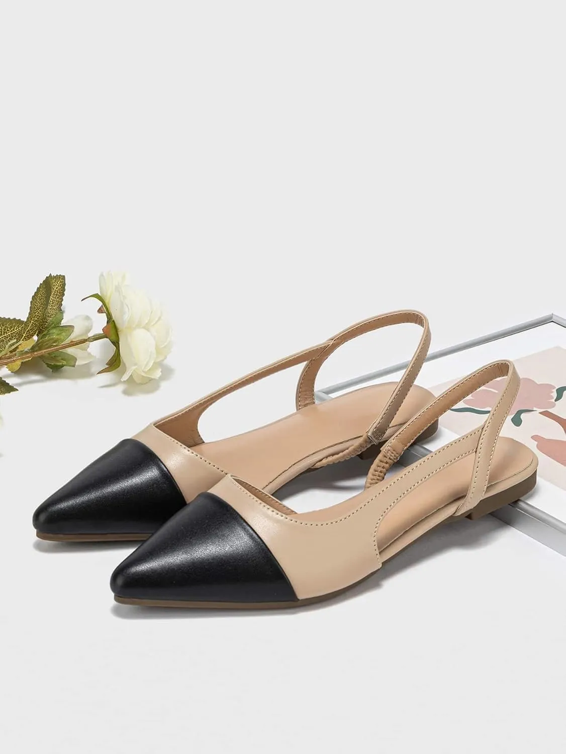 OYOANGLE Women's Two Tone Pointed Toe Slingback Flats Summer Casual Dressy Shoes