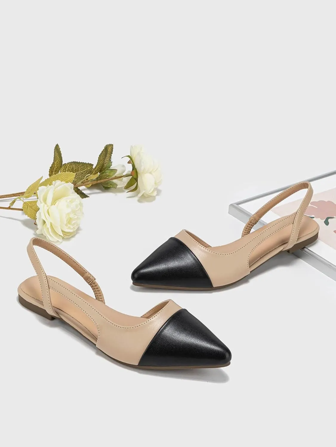 OYOANGLE Women's Two Tone Pointed Toe Slingback Flats Summer Casual Dressy Shoes
