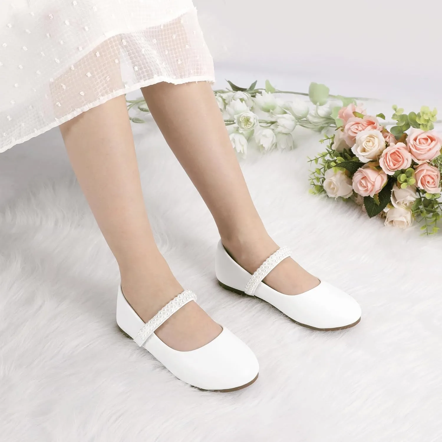 PANDANINJIA Flower Girl Shoes Toddler Little Kid Ballet Flats Pearls Wedding Party Mary Jane Girls Dress Shoes