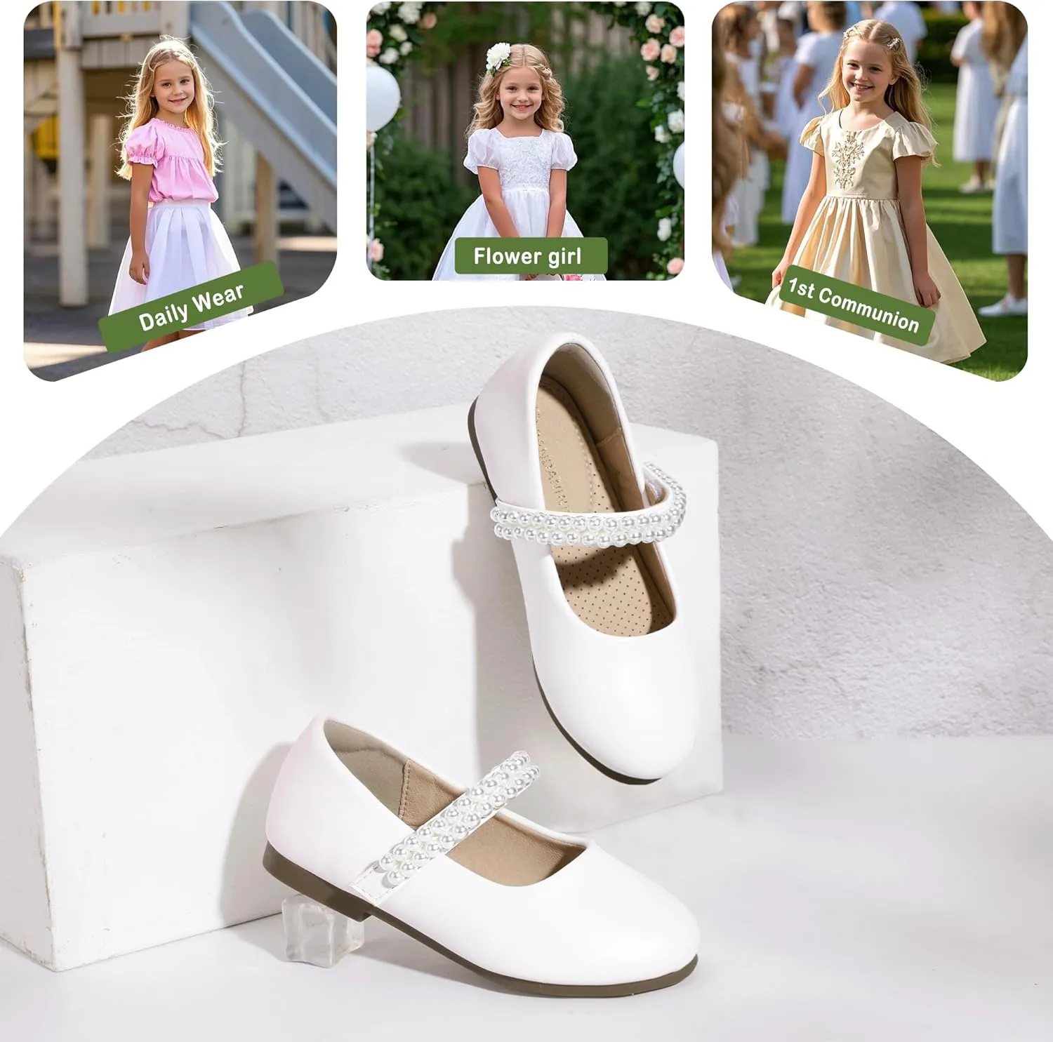 PANDANINJIA Flower Girl Shoes Toddler Little Kid Ballet Flats Pearls Wedding Party Mary Jane Girls Dress Shoes