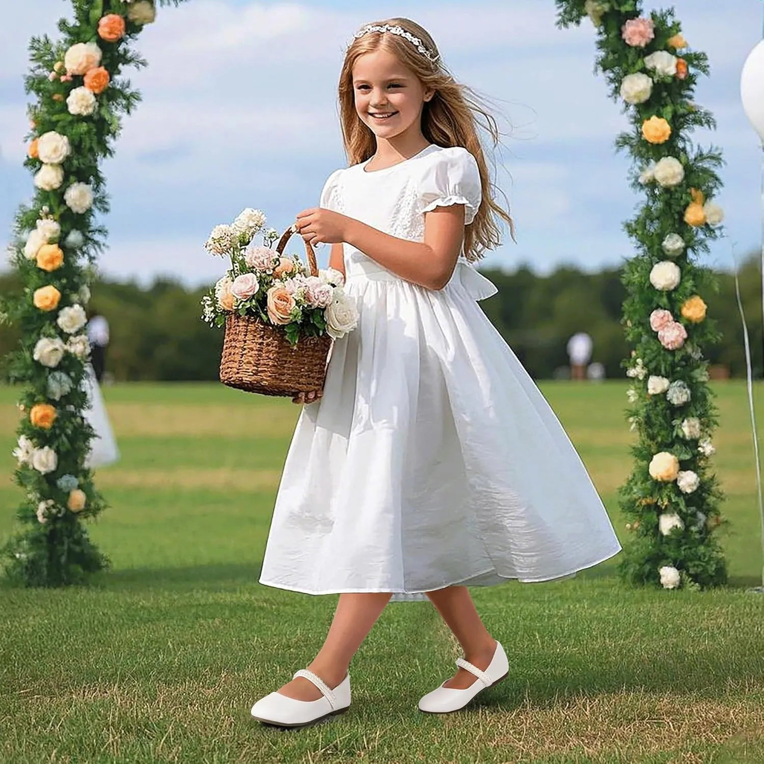 PANDANINJIA Flower Girl Shoes Toddler Little Kid Ballet Flats Pearls Wedding Party Mary Jane Girls Dress Shoes