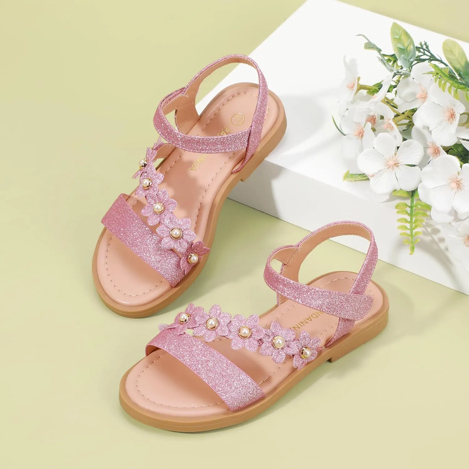PANDANINJIA Gina Girls Sandals Open Toe Summer Flats Dress Sandals Shoes Toddler/Little Kid/Big Kid