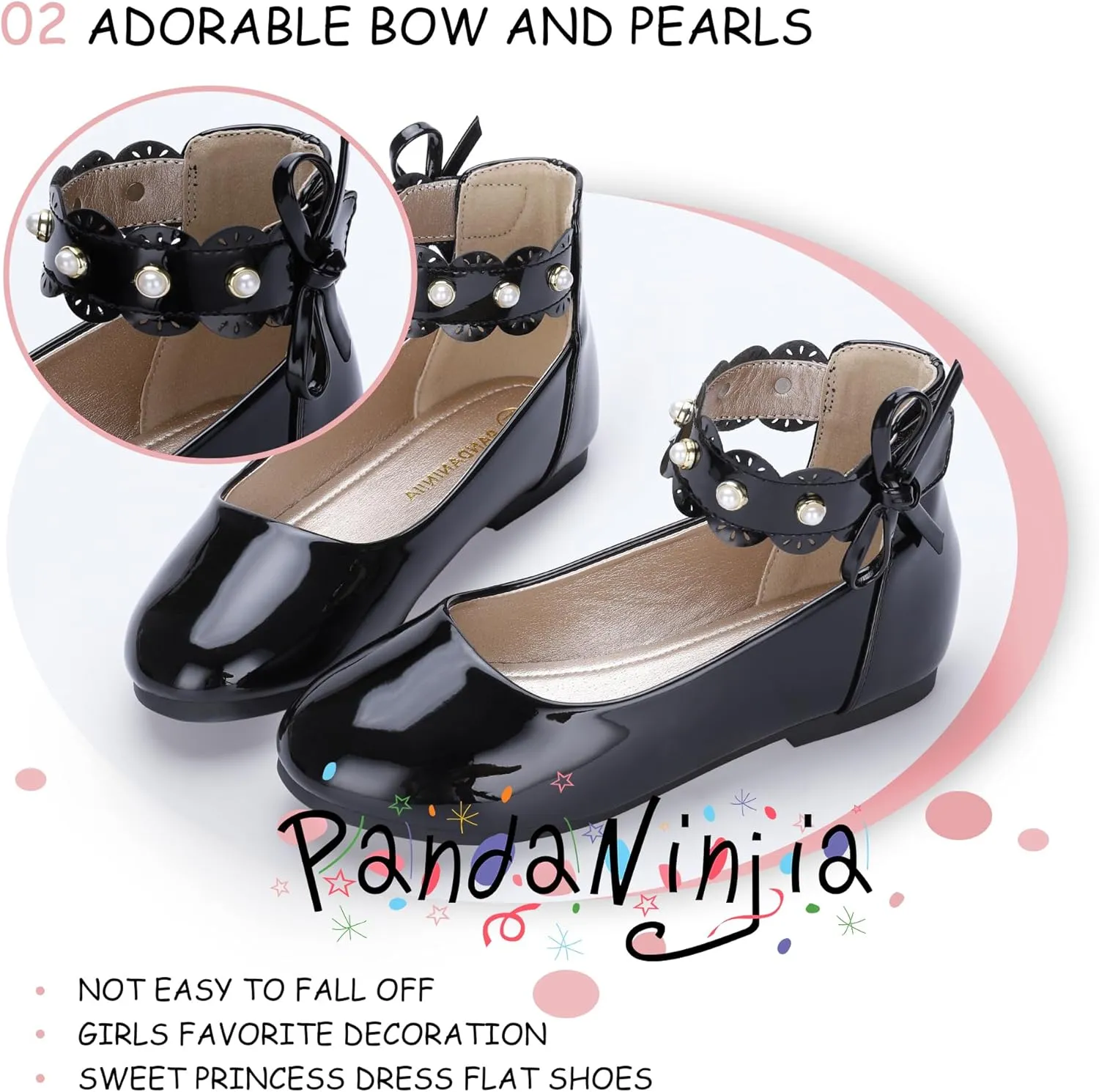 PANDANINJIA Girls Dress Shoes Flower Girl Ballet Flats Pearls Mary Jane Wedding Ankle Strap Toddler Little Kids