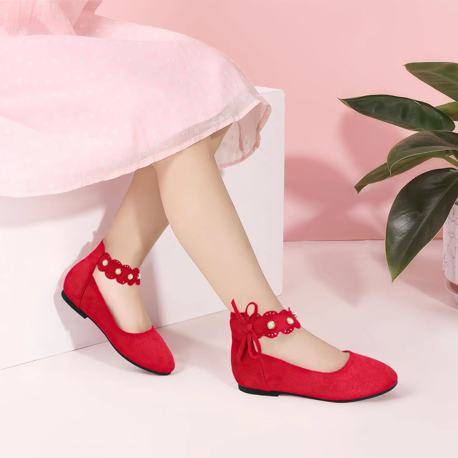PANDANINJIA Girls Dress Shoes Flower Girl Ballet Flats Pearls Mary Jane Wedding Ankle Strap Toddler Little Kids