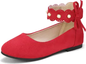 PANDANINJIA Girls Dress Shoes Flower Girl Ballet Flats Pearls Mary Jane Wedding Ankle Strap Toddler Little Kids