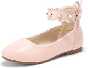 PANDANINJIA Girls Dress Shoes Flower Girl Ballet Flats Pearls Mary Jane Wedding Ankle Strap Toddler Little Kids