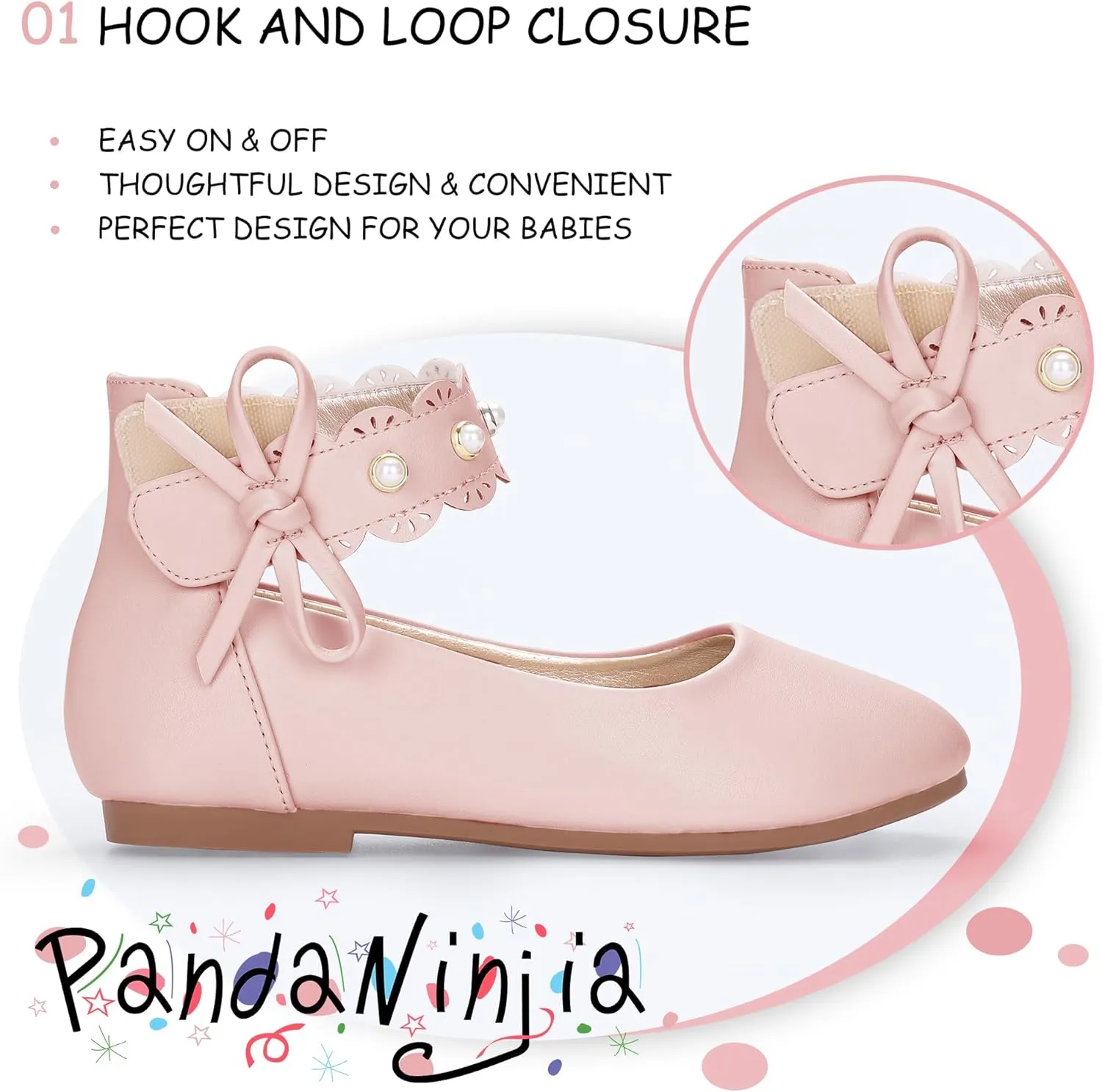 PANDANINJIA Girls Dress Shoes Flower Girl Ballet Flats Pearls Mary Jane Wedding Ankle Strap Toddler Little Kids