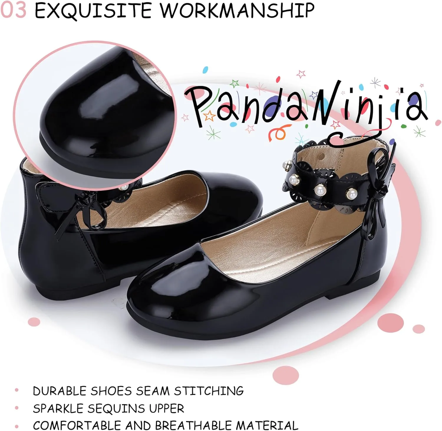 PANDANINJIA Girls Dress Shoes Flower Girl Ballet Flats Pearls Mary Jane Wedding Ankle Strap Toddler Little Kids