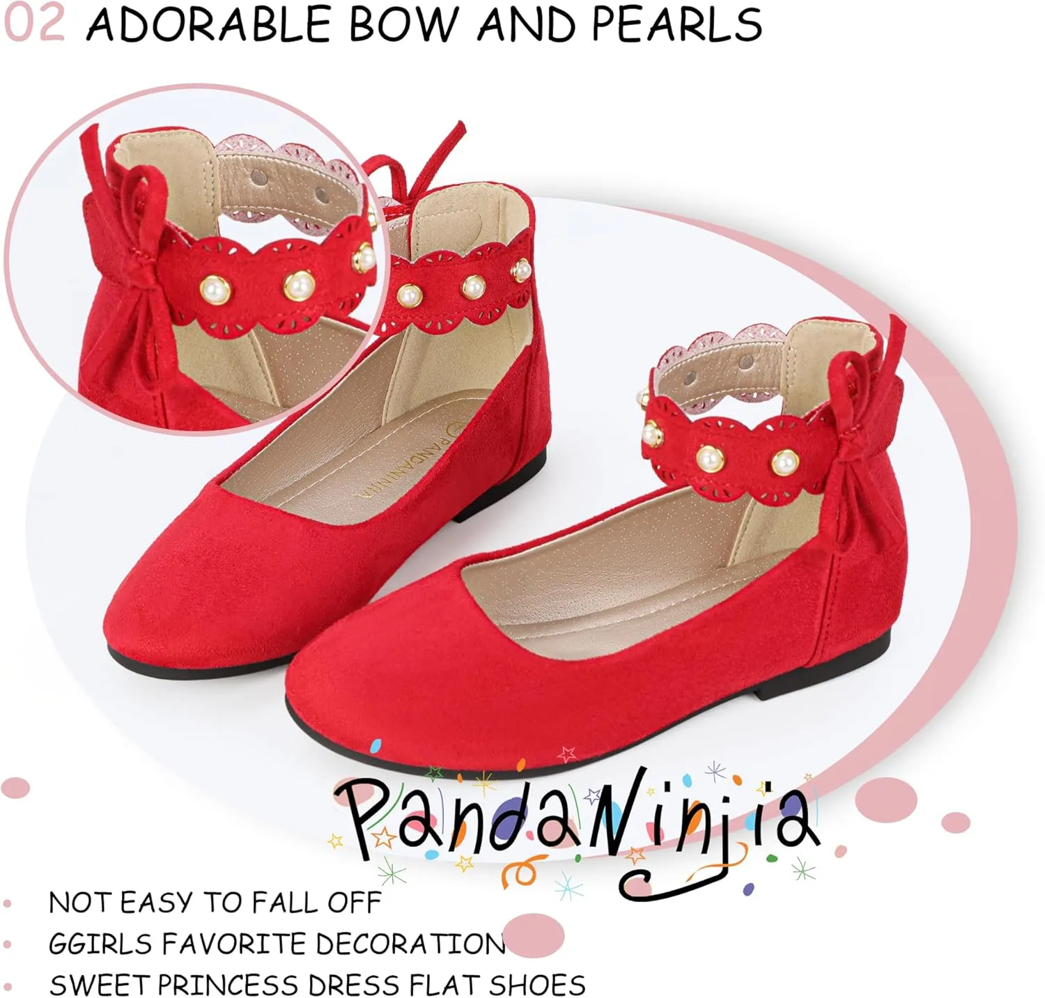 PANDANINJIA Girls Dress Shoes Flower Girl Ballet Flats Pearls Mary Jane Wedding Ankle Strap Toddler Little Kids