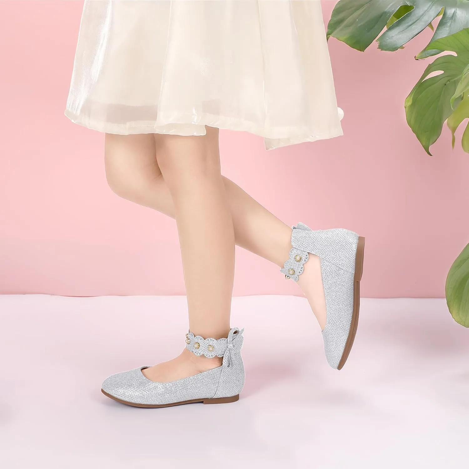 PANDANINJIA Girls Dress Shoes Flower Girl Ballet Flats Pearls Mary Jane Wedding Ankle Strap Toddler Little Kids