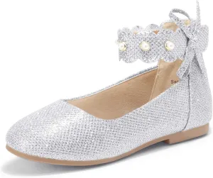 PANDANINJIA Girls Dress Shoes Flower Girl Ballet Flats Pearls Mary Jane Wedding Ankle Strap Toddler Little Kids