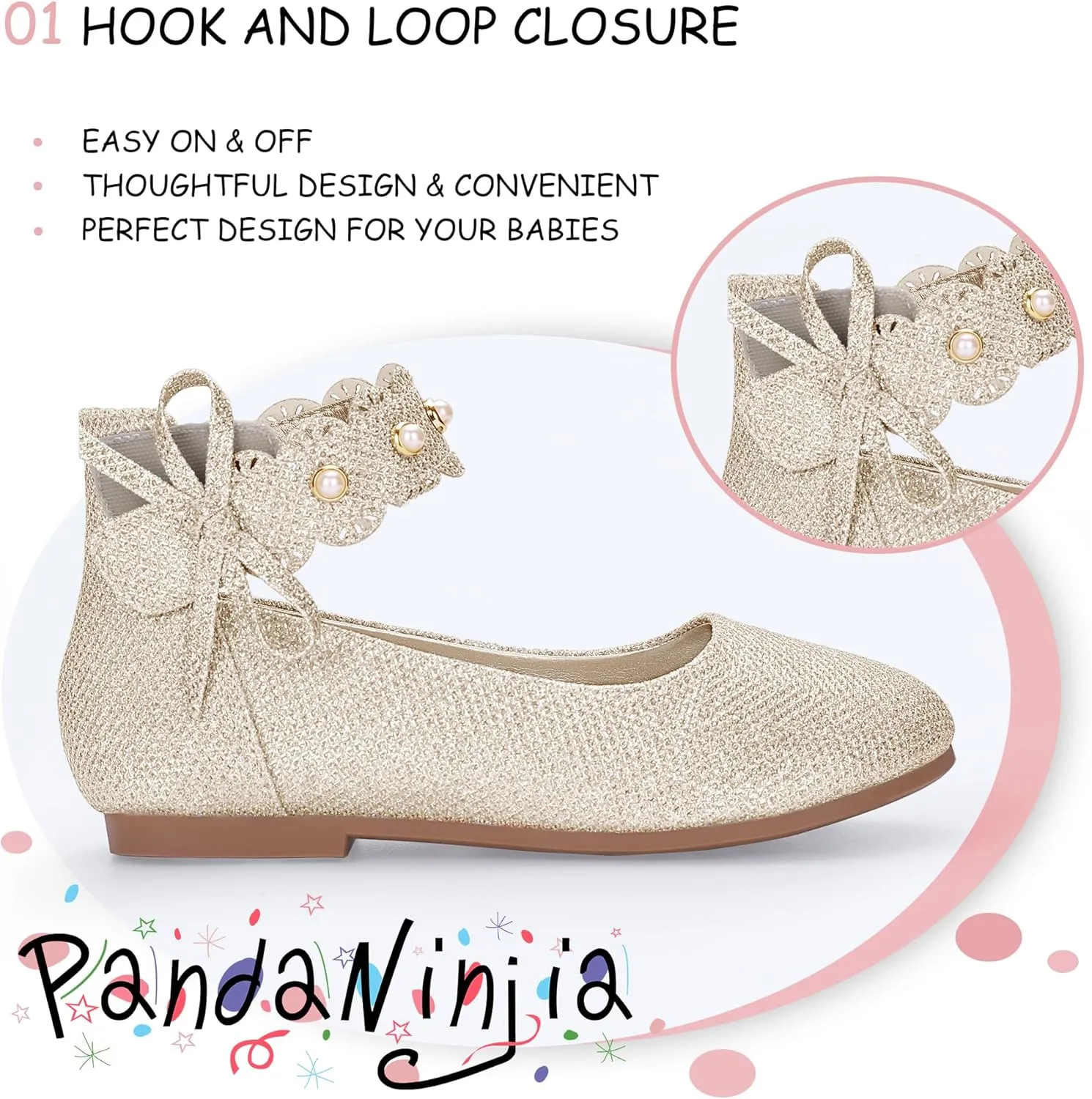PANDANINJIA Girls Dress Shoes Flower Girl Ballet Flats Pearls Mary Jane Wedding Ankle Strap Toddler Little Kids