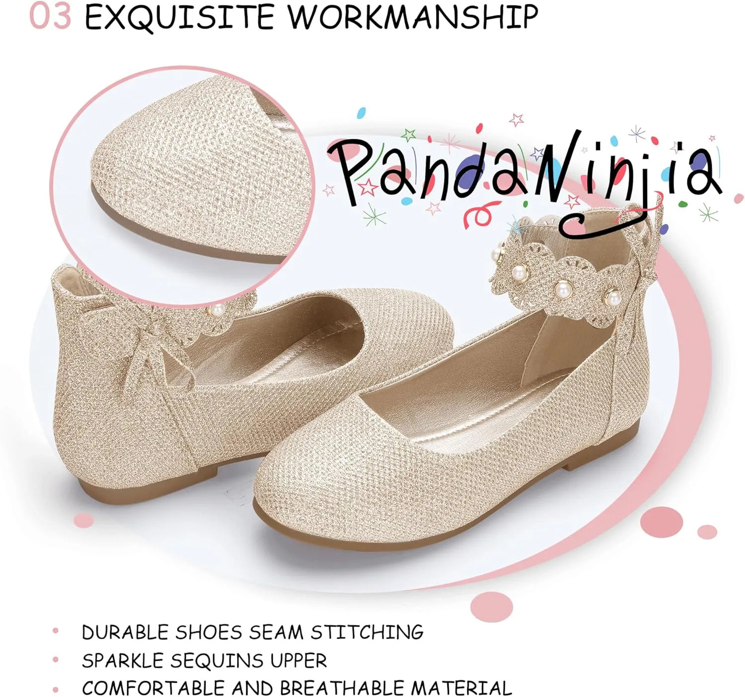 PANDANINJIA Girls Dress Shoes Flower Girl Ballet Flats Pearls Mary Jane Wedding Ankle Strap Toddler Little Kids