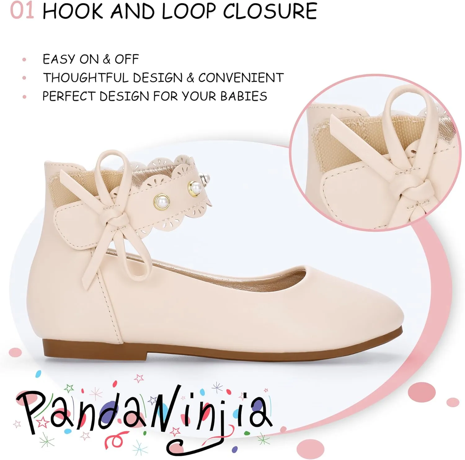 PANDANINJIA Girls Dress Shoes Flower Girl Ballet Flats Pearls Mary Jane Wedding Ankle Strap Toddler Little Kids