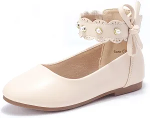 PANDANINJIA Girls Dress Shoes Flower Girl Ballet Flats Pearls Mary Jane Wedding Ankle Strap Toddler Little Kids