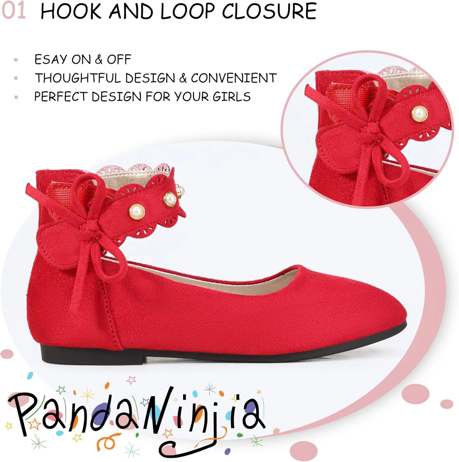 PANDANINJIA Girls Dress Shoes Flower Girl Ballet Flats Pearls Mary Jane Wedding Ankle Strap Toddler Little Kids