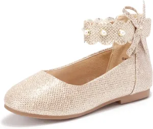 PANDANINJIA Girls Dress Shoes Flower Girl Ballet Flats Pearls Mary Jane Wedding Ankle Strap Toddler Little Kids