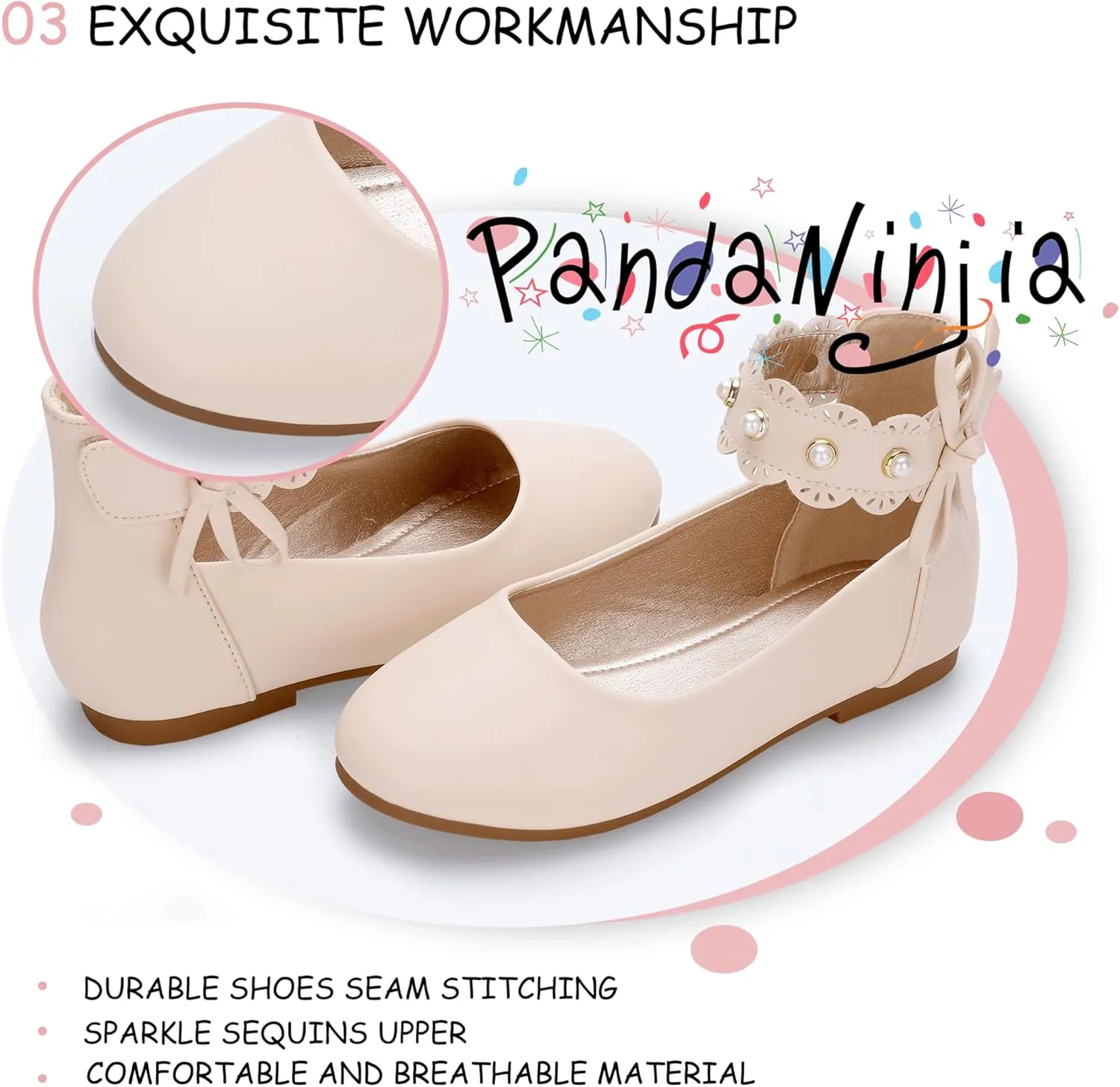 PANDANINJIA Girls Dress Shoes Flower Girl Ballet Flats Pearls Mary Jane Wedding Ankle Strap Toddler Little Kids