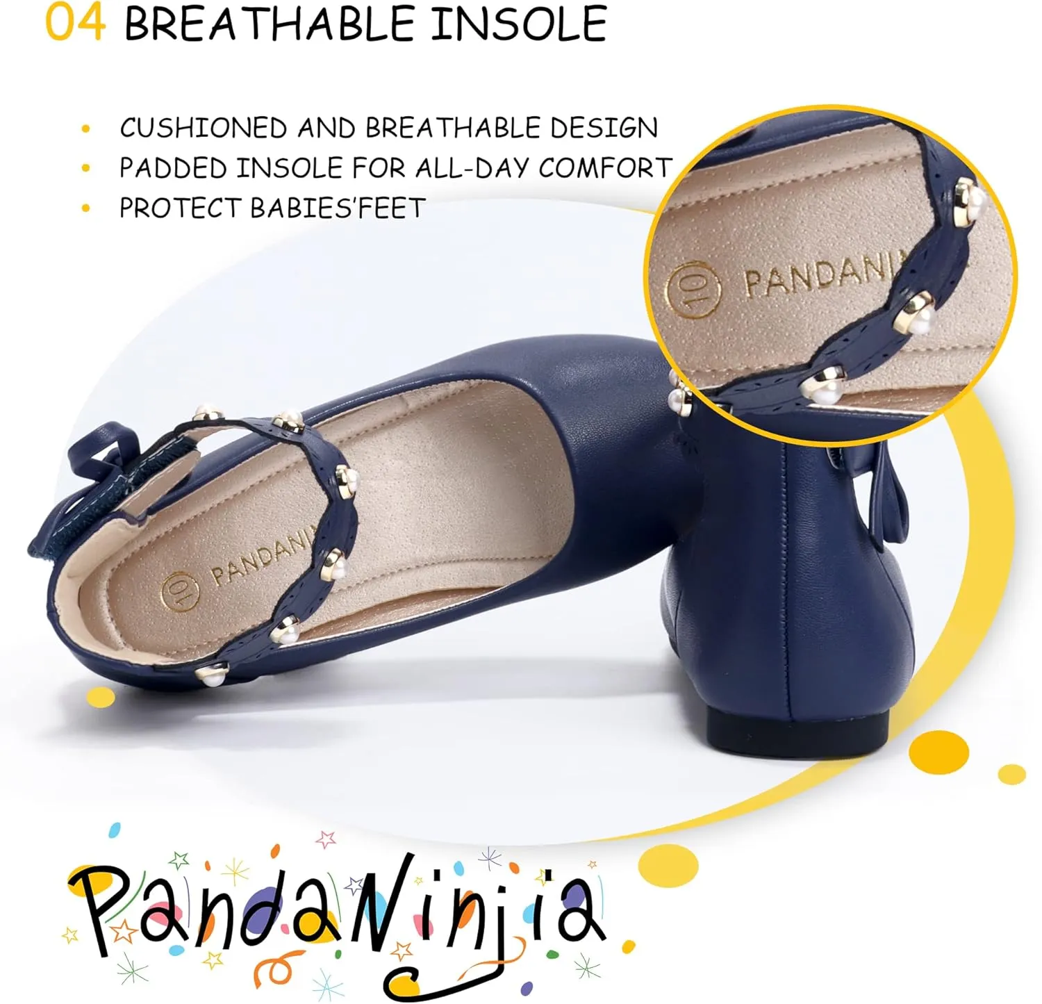 PANDANINJIA Girls Dress Shoes Flower Girl Ballet Flats Pearls Mary Jane Wedding Ankle Strap Toddler Little Kids