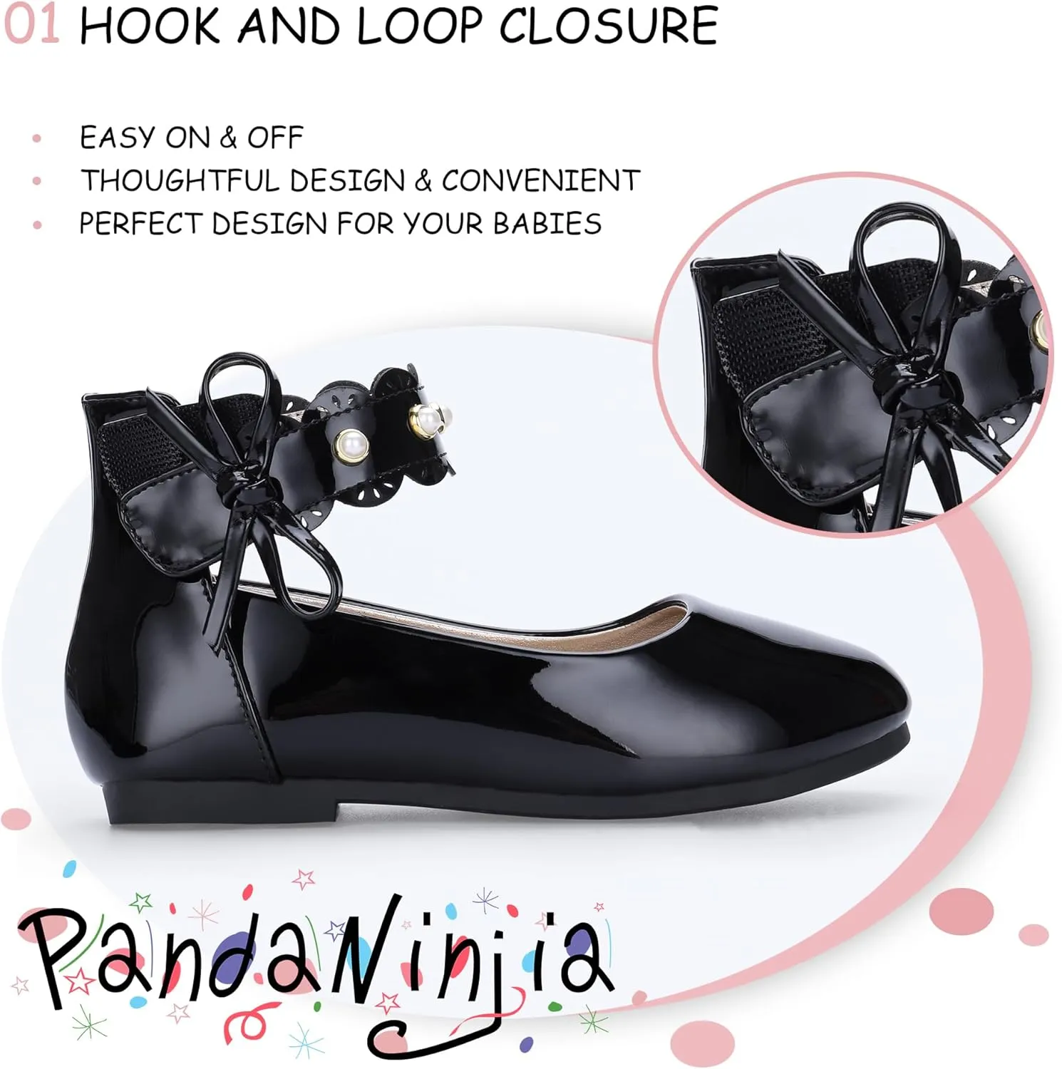 PANDANINJIA Girls Dress Shoes Flower Girl Ballet Flats Pearls Mary Jane Wedding Ankle Strap Toddler Little Kids