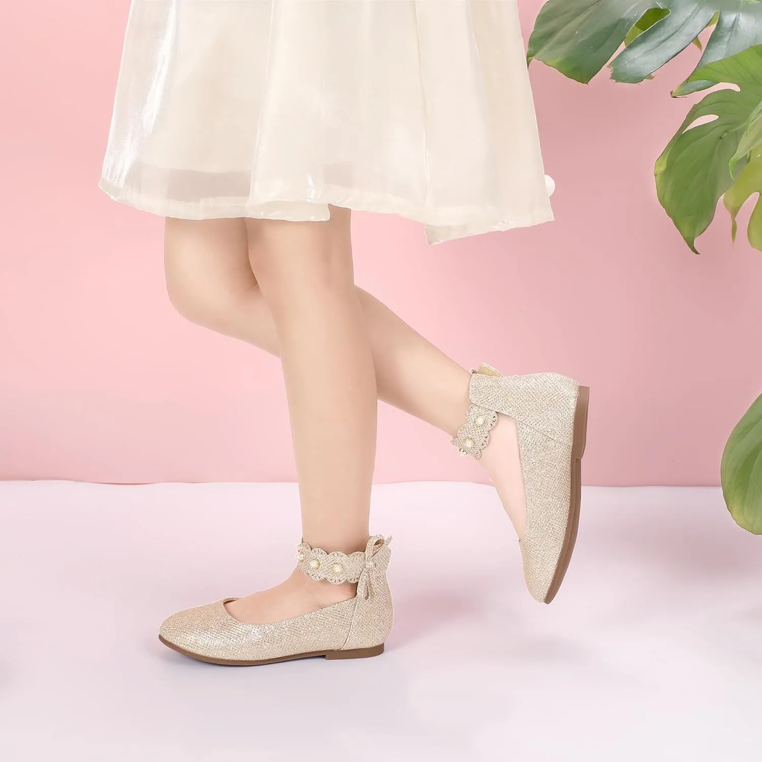 PANDANINJIA Girls Dress Shoes Flower Girl Ballet Flats Pearls Mary Jane Wedding Ankle Strap Toddler Little Kids
