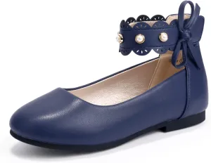 PANDANINJIA Girls Dress Shoes Flower Girl Ballet Flats Pearls Mary Jane Wedding Ankle Strap Toddler Little Kids
